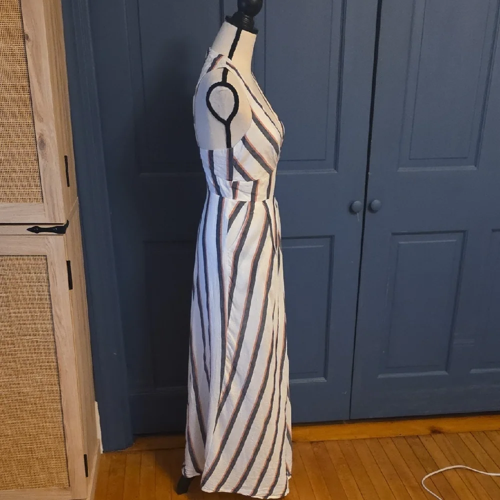 L'ATISTE White Maxi Dress Gray Pink Stripe Deep Plunge Halter Neck Pockets Small - Picture 2 of 8